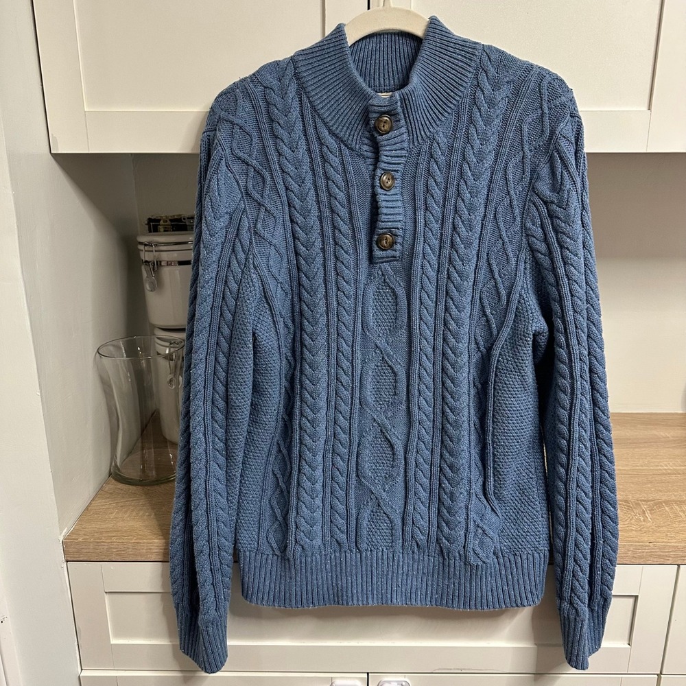 L.L. Bean Mens Heritage Sweater L Blue Soft Cotton Cable Knit Fisherman 3 Button